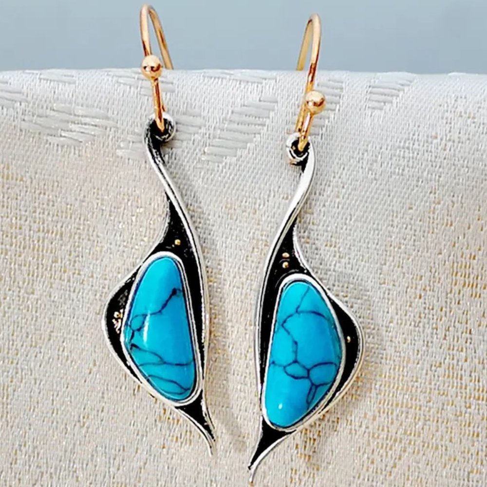 925 Silver Plated Blue Turquoise Dangle Earrings - NEW